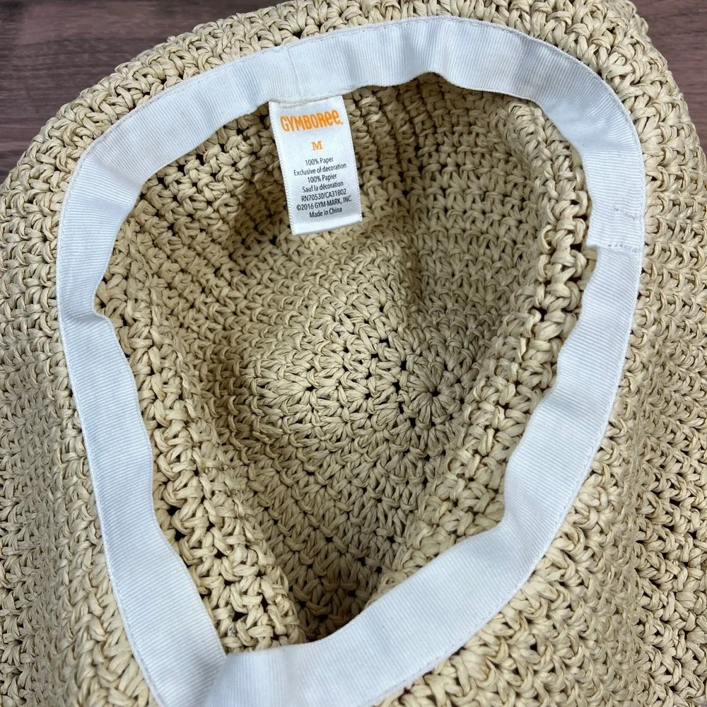 Gymboree Floppy Sun Hat Kids Beige Red Ribbon Bow Woven Straw Wide Brim M